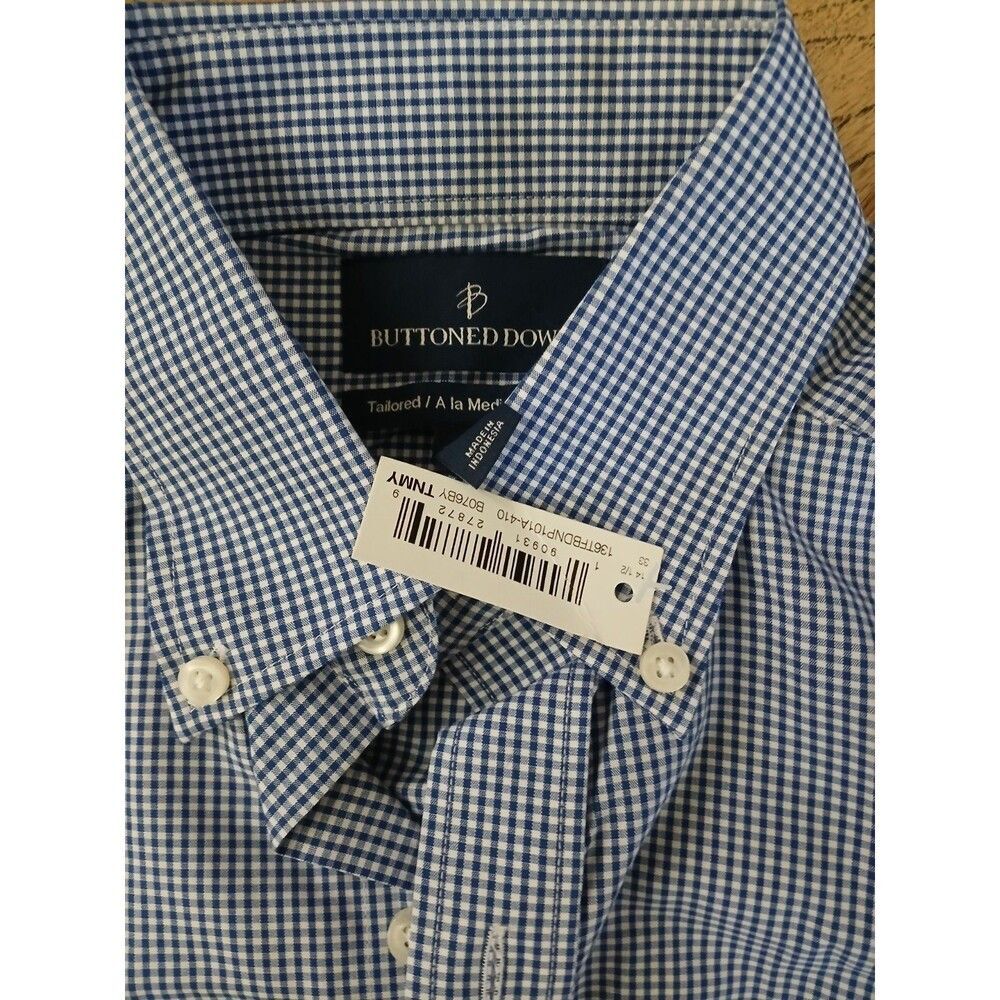 Buttoned Down Tailored Cotton Collared Blue Plaid Business Dress Shirt Men's 33